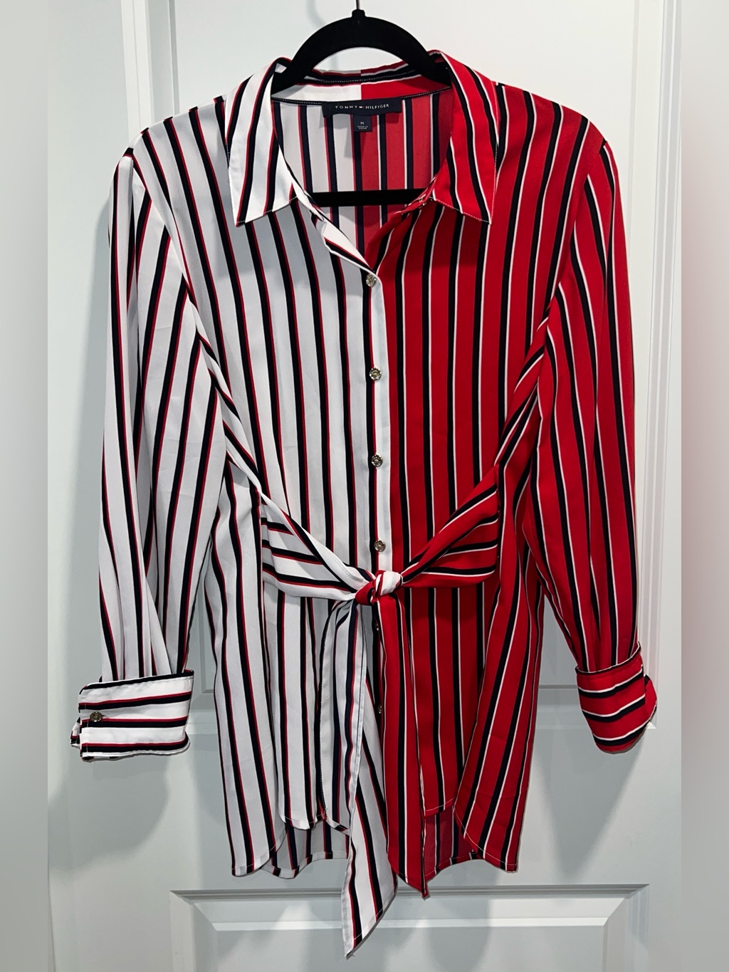 Tommy Hilfiger Women’s Tie-Waist Shirt In Red, White & Navy Stripes Size M